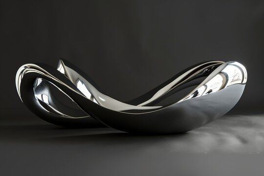 Abstract metallic sculpture with curved forms on a dark background