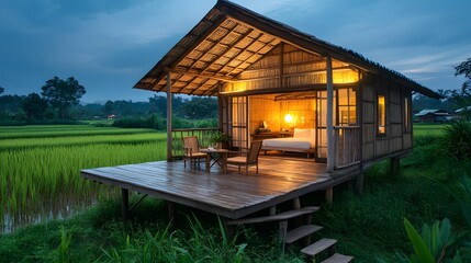 Obraz premium rural Thai modern cabin with elevated deck and natural bamboo ceiling, evening atmosphere, wooden furniture, with rice field backdrop,