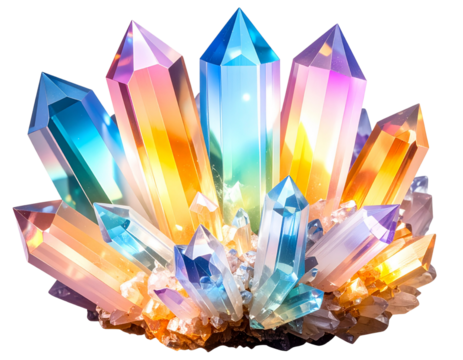 Iridescent Crystal Cluster with Colorful Reflection and Shine, Isolated on Transparent Background png
