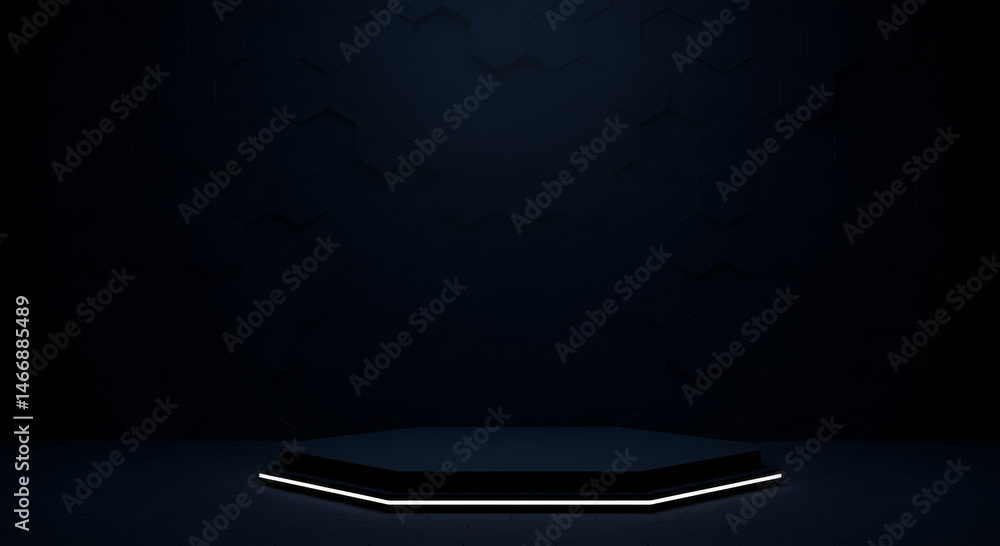 Poster empty dark hexagon-patterned platform with glowing white border. modern, minimalist presentation spa