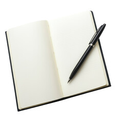 Open notebook with a pen, ideal for writing, journaling, or brainstorming in a minimalist setting. on transparent background