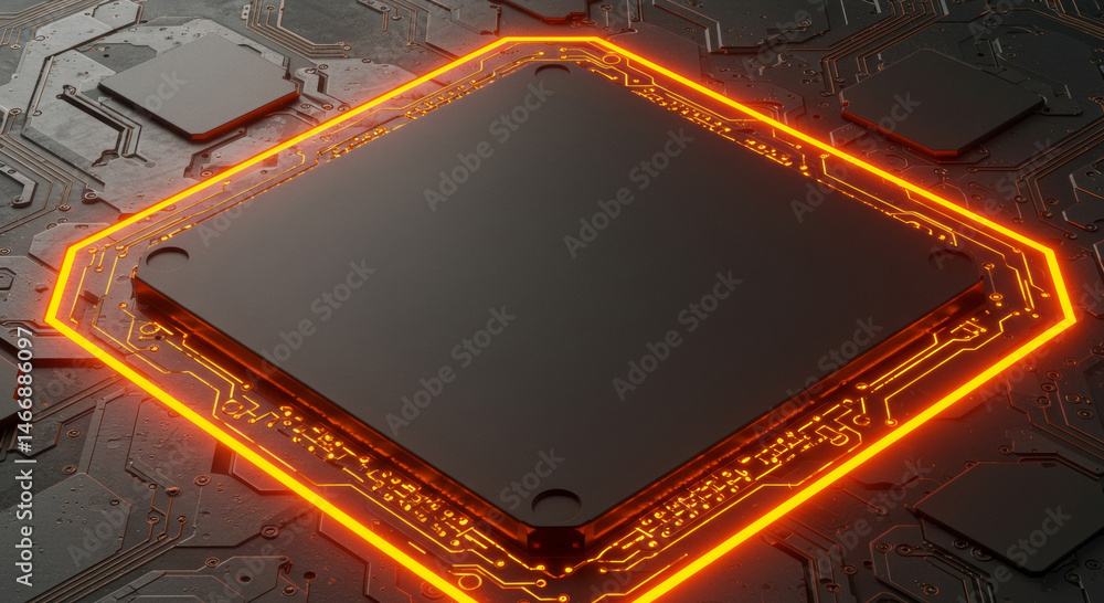 Poster modern circuit board with glowing orange outline on dark background. elevated perspective of a compo