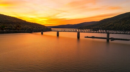 Obraz premium A serene view of a lengthy bridge spanning a tranquil expanse of water, with golden-orange sunset hues and a few scattered clouds enhancing the scene. 