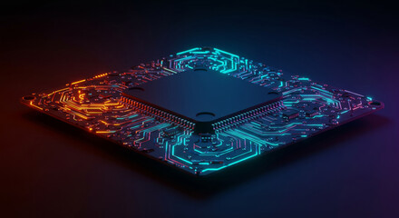 Circuit board with intricate patterns illuminated by vibrant neon lights. Complex circuitry design with glowing paths against a dark backdrop.