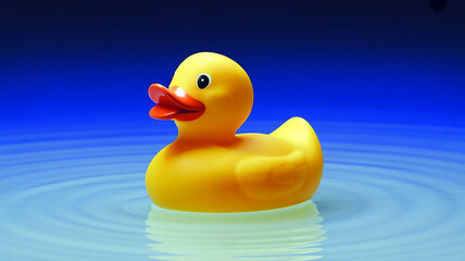 Bright yellow rubber duck floats peacefully in smooth rippling water against a blue backdrop