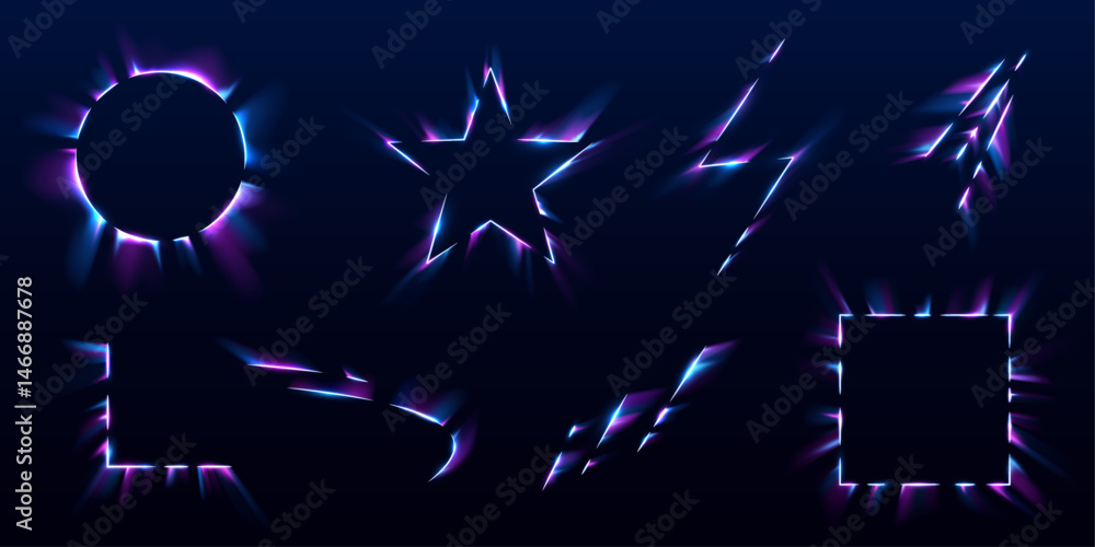 Poster Light beams slice through abstract neon backgrounds. Squares, circles, and jagged shapes flash like digital explosions. A bold choice for visual effects.