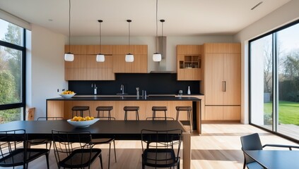 Modern Minimalist Open-Concept Kitchen & Dining Room with Natural Wood Cabinets, Black Countertops, and Pendant Lighting
