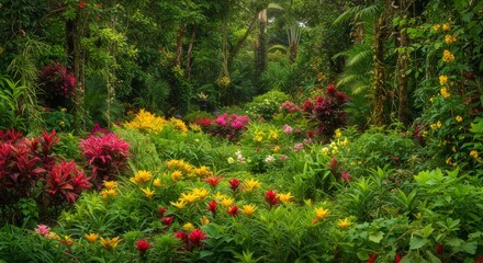 Lush Tropical Garden Paradise - Vibrant flowers and lush greenery create a tranquil tropical garden scene. Perfect for travel, nature, and botanical themes