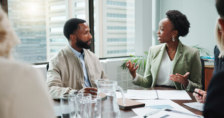 Discussion, documents and business people in office for review, feedback or forecasting meeting. Teamwork, paperwork and group of financial managers with investment planning for company budget.