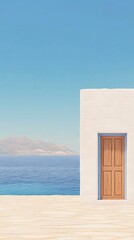 Tranquil coastal scene featuring a white wall with a wooden door overlooking a serene sea and mountains under a clear blue sky.