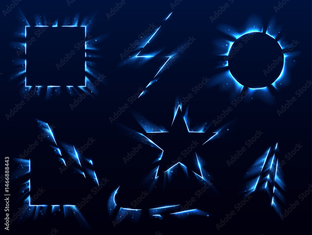 Poster abstract light frames shimmer with energy and shape. from stars to bolts, the glow creates depth and