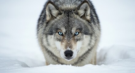 Fototapeta premium Majestic Winter Wolf - A stunning close-up of a gray wolf with piercing blue eyes, standing in the snow