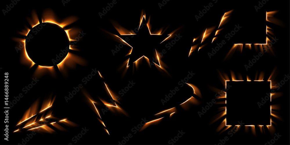 Poster bright yellow light frames appear in dynamic shapes. circles, stars and lightning bolts flash with r