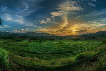 Lush green rice fields under a vibrant sky at sunset displaying serene beauty