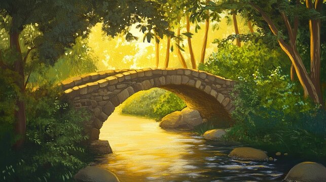 A small arched stone bridge over a flowing stream, framed by thick, vibrant forest greenery. Golden light filters softly through the trees.  