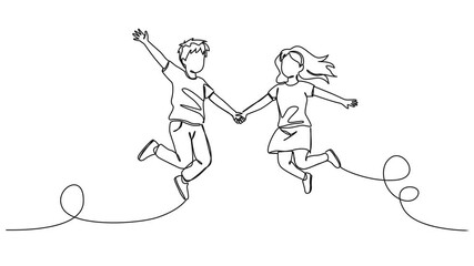animated continuous single line drawing of two happy children jumping in joy, line art animation