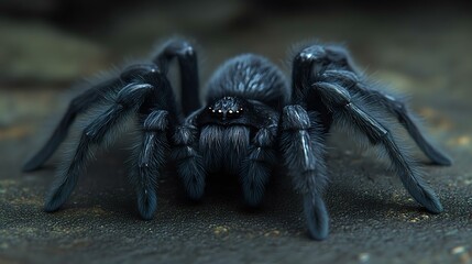 A realistic close-up of a furry black spider on a textured surface, showcasing its intricate details and striking appearance.