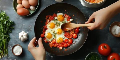Healthy Breakfast with Fried Eggs, Tomatoes, and Fresh Vegetables