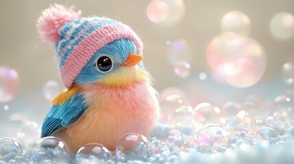 A colorful cartoon bird in a striped hat sailing across a sea of bubbles. Cute and whimsical design for children's books.