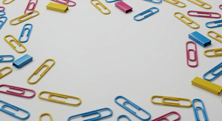 Fototapeta premium Colorful paperclips scattered on a white surface in various positions. Assorted paperclips in vibrant colors.