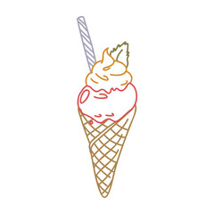 Minimalist illustration of a summer ice cream cone in a line art style. Fun balloon with swirled top, waffle cone, mint striped straw and pineapple slice. Perfect for kids coloring books, stickers