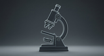 3D model of a microscope in a grayscale studio setting. Modern scientific instrument with clean lines and a monochrome aesthetic.