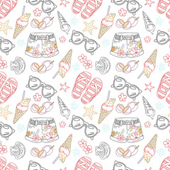 Seamless Summer Pattern with Line Art Elements Flip Flops, Ice Cream, Shorts, Flowers, Shells and Sunglasses Cute Hand Drawn Vacation Design