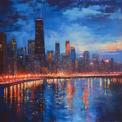 Fototapeta premium Peaceful Chicago Night Skyline With Reflections On Water High Resolution Picture