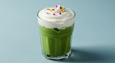 Matcha Iced Drink with Whipped Cream and Flowers - Refreshing matcha iced drink, topped with whipped cream and edible flowers. Symbolizing serenity, nature, health, sweetness, and indulgence