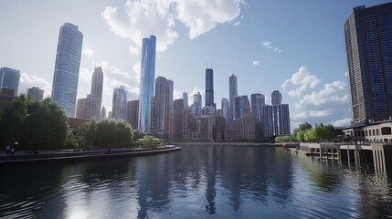 Fototapeta premium Peaceful Urban Waterfront Scene With Chicago Skyscrapers High Resolution Picture