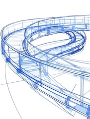 Blueprint of a curved, multi-level walkway with railings