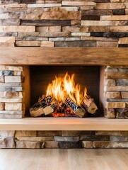 A cozy stone fireplace with a vibrant fire burning, showcasing a rustic wooden mantelpiece