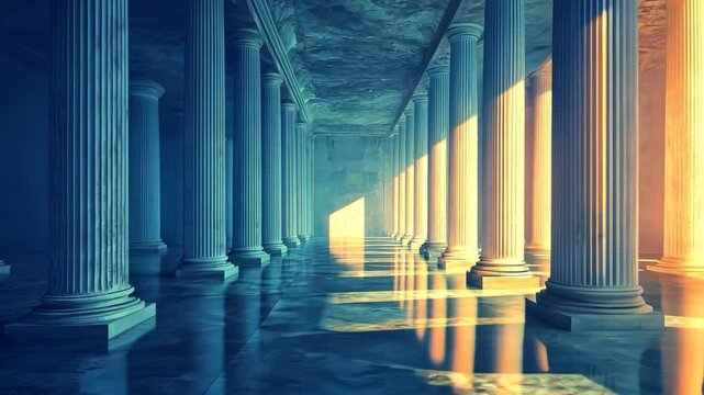 Sunlit classical colonnade interior; marble floor reflects light