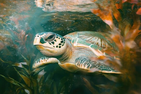 A majestic sea turtle gracefully glides through vibrant underwater kelp forest, showcasing its intricate shell patterns.