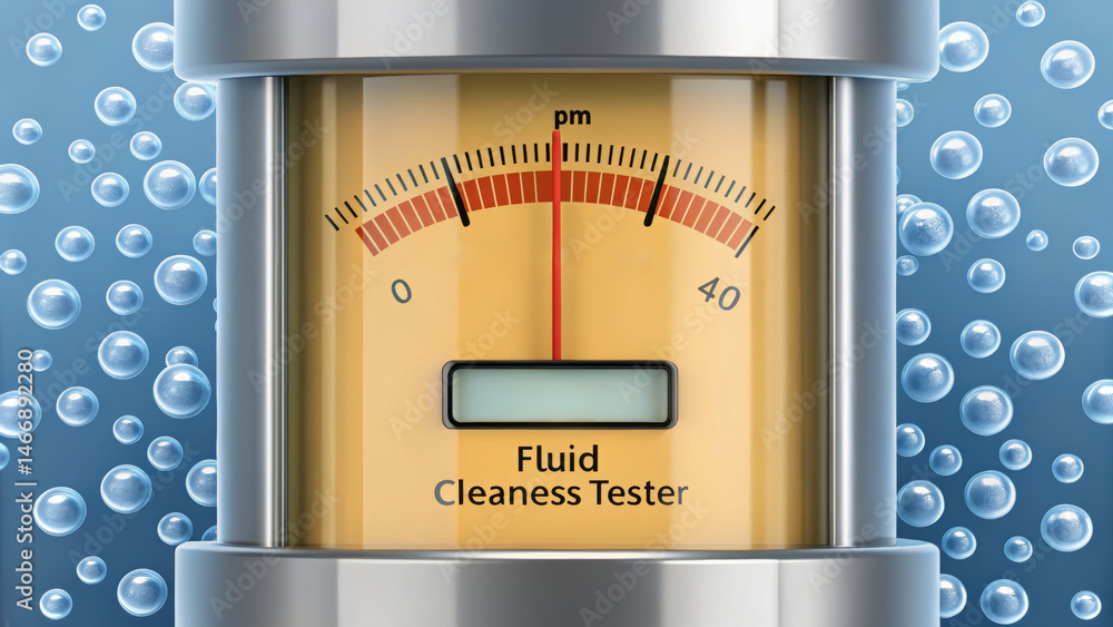 Poster fluid cleanliness tester gauge with hydraulic mechanism measuring fluid purity and performance in in