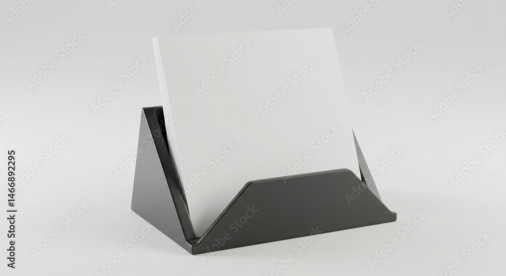Poster blank brochures displayed in a modern gray/black triangular stand. stationary display with a neutral