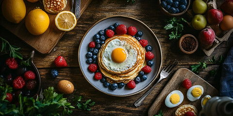 Delicious Breakfast Pancakes with Eggs, Berries, and Fresh Fruit