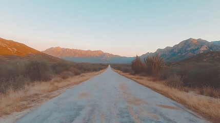 desolate road rocky peaks horizon