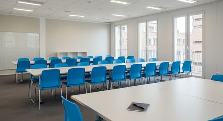 Modern Conference Room Setup - Bright, spacious conference room with blue chairs and long white tables, perfect for meetings or training sessions