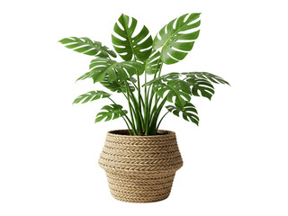 Fototapeta premium Monstera plant in a woven pot, home decor, isolated on white background