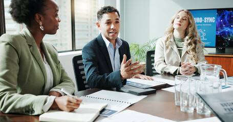 Meeting, corporate and people explaining in office for planning, neuroscience and innovation ideas. Manager, presentation and briefing with paperwork, brain technology and proposal with neurofeedback