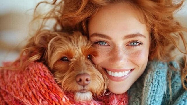 A joyful moment unfolds as a young woman cuddles her lovable dog, both wrapped in colorful blankets, radiating warmth and happiness in a cozy indoor setting