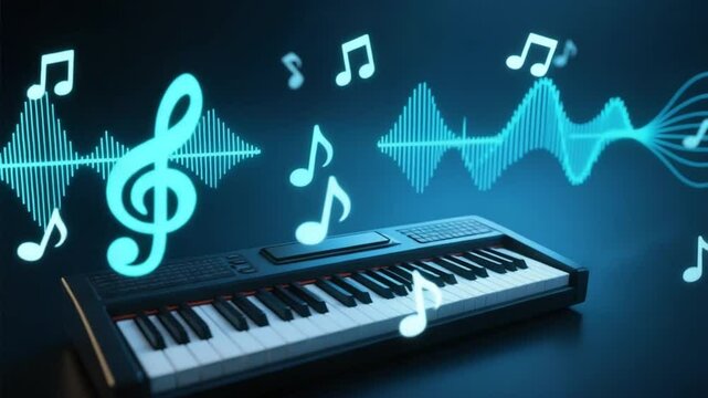 A digital piano with floating music notes and AI-generated sound wave visualizations surrounding it,AI Music Composition and Audio concept.