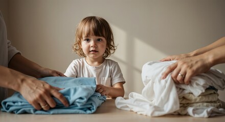 Child watching adults fold laundry in a cozy home environment  