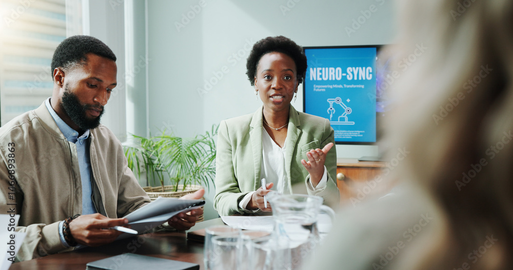 Aufkleber woman, staff and explain in meeting at office for planning, neuroscience and innovation ideas. peopl