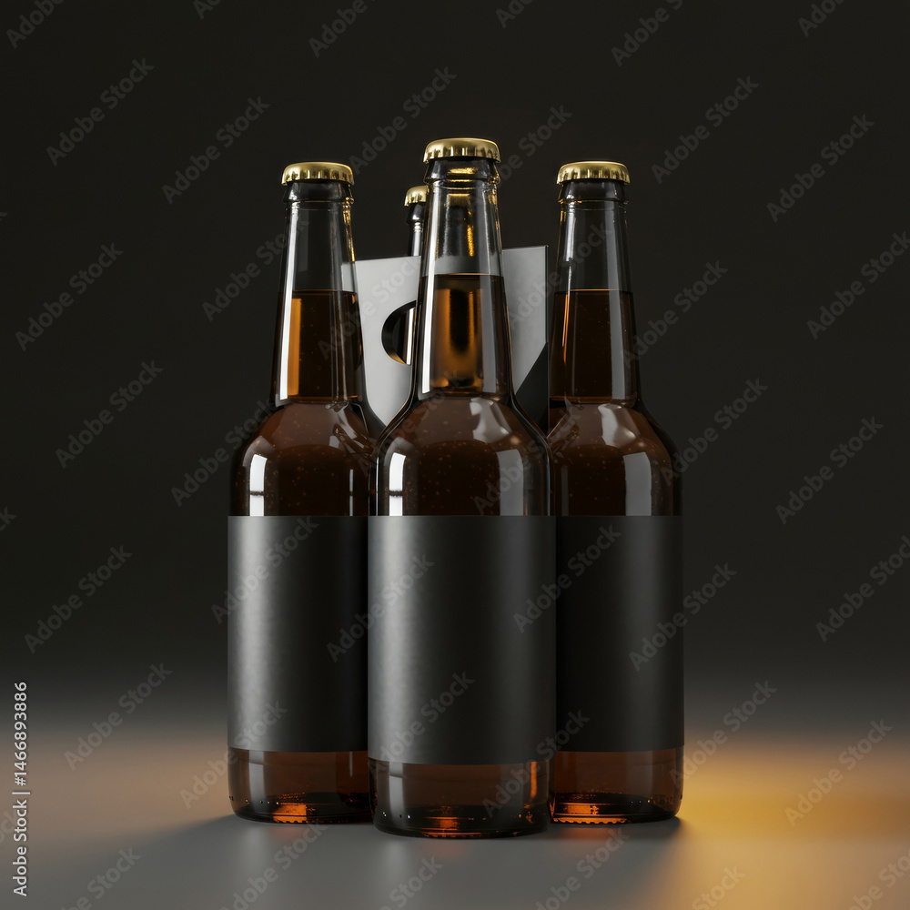 Poster four amber beer bottles with blank black labels in a cardboard pack. empty bottles in a studio setti