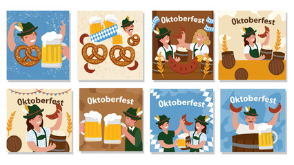 Fototapeta premium Oktoberfest Square Vector Illustration Set - Beer & Pretzel Graphics Pack