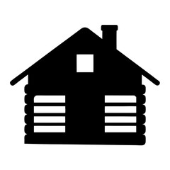 Black and white log cabin illustration with chimney and small window