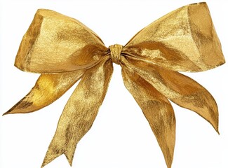 Gold Bow Decorative Element for Gift Wrapping Isolated on White Background with Transparent Clipping Path Cutout