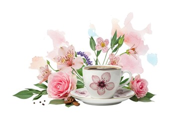 Aesthetic floral arrangement with cup of beverage for background